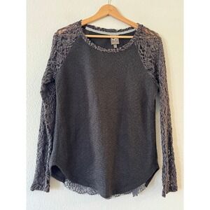 One September Anthropologie Lace Sleeve Knit Sweater Medium Charcoal Grey Exc